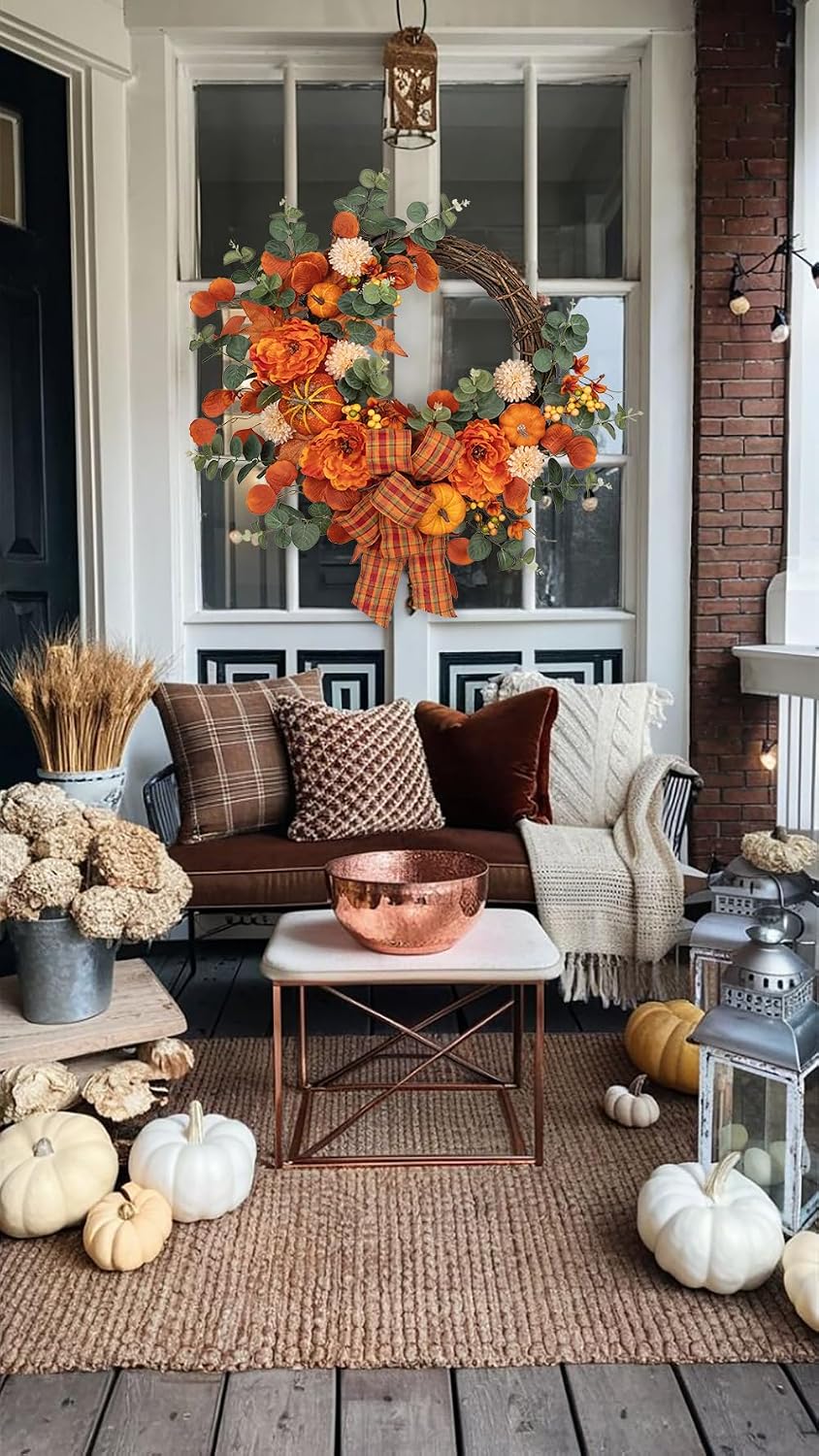 24" Artificial Fall Half Wreath for Front Door Autumn Wreath with Pumpkin Peony Eucalyptus Chrysanthemum and Ribbon for Halloween Thanksgiving Day Indoor Outdoor Farmhouse Window Wall Décor