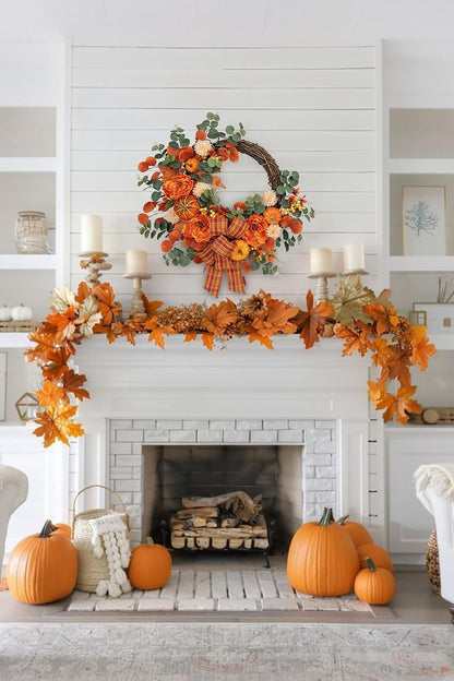 24" Artificial Fall Half Wreath for Front Door Autumn Wreath with Pumpkin Peony Eucalyptus Chrysanthemum and Ribbon for Halloween Thanksgiving Day Indoor Outdoor Farmhouse Window Wall Décor