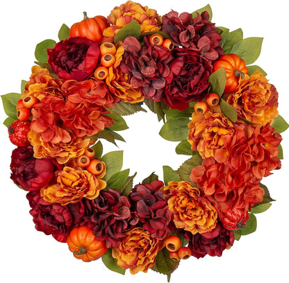 24" Artificial Fall Half Wreath for Front Door Autumn Wreath with Pumpkin Peony Eucalyptus Chrysanthemum and Ribbon for Halloween Thanksgiving Day Indoor Outdoor Farmhouse Window Wall Décor