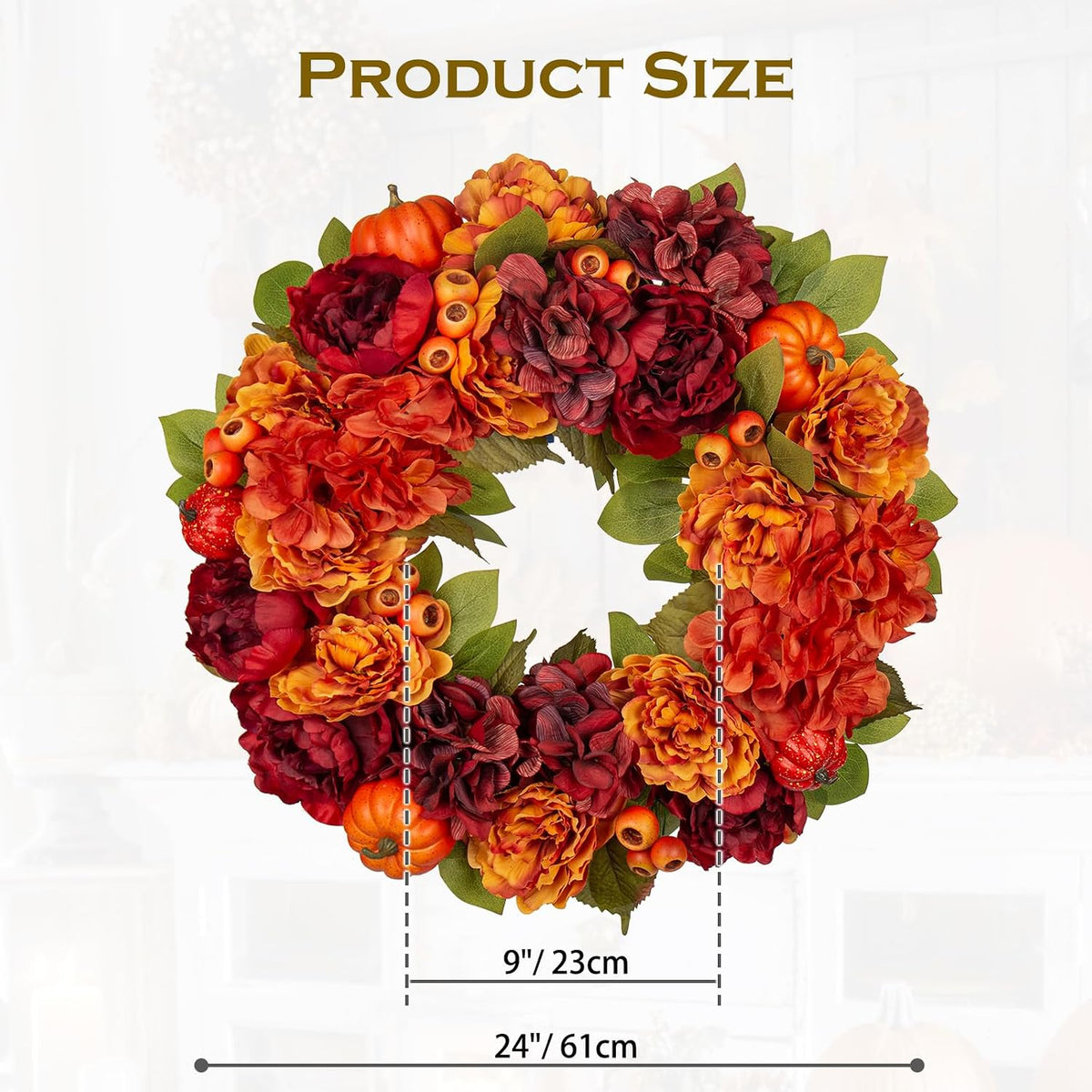 24" Artificial Fall Half Wreath for Front Door Autumn Wreath with Pumpkin Peony Eucalyptus Chrysanthemum and Ribbon for Halloween Thanksgiving Day Indoor Outdoor Farmhouse Window Wall Décor