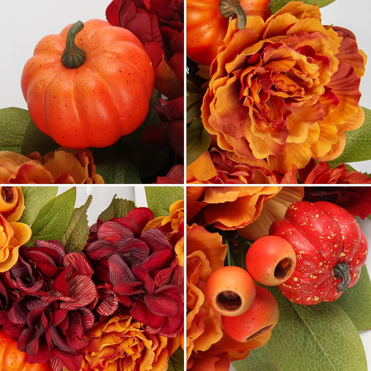 24" Artificial Fall Half Wreath for Front Door Autumn Wreath with Pumpkin Peony Eucalyptus Chrysanthemum and Ribbon for Halloween Thanksgiving Day Indoor Outdoor Farmhouse Window Wall Décor