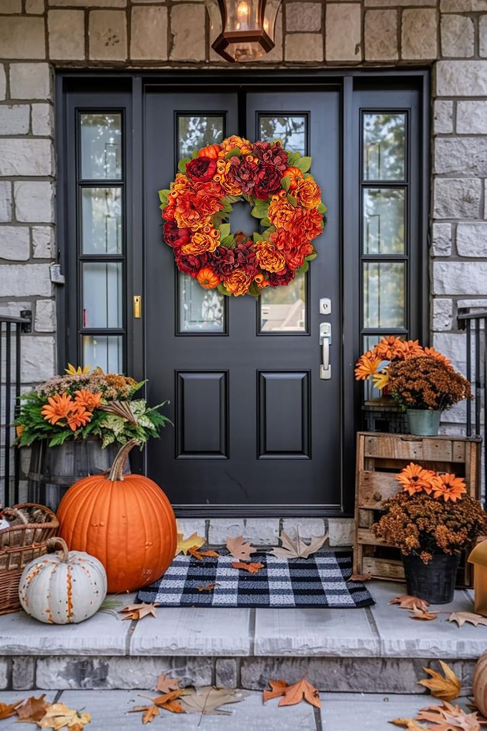 24" Artificial Fall Half Wreath for Front Door Autumn Wreath with Pumpkin Peony Eucalyptus Chrysanthemum and Ribbon for Halloween Thanksgiving Day Indoor Outdoor Farmhouse Window Wall Décor