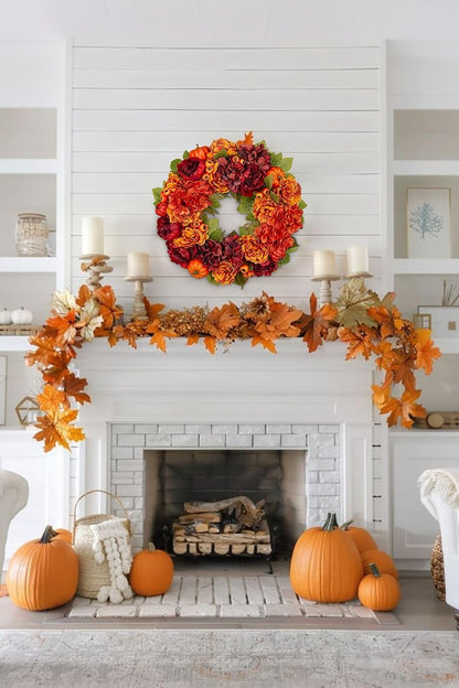 24" Artificial Fall Half Wreath for Front Door Autumn Wreath with Pumpkin Peony Eucalyptus Chrysanthemum and Ribbon for Halloween Thanksgiving Day Indoor Outdoor Farmhouse Window Wall Décor