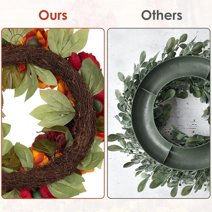 24" Artificial Fall Half Wreath for Front Door Autumn Wreath with Pumpkin Peony Eucalyptus Chrysanthemum and Ribbon for Halloween Thanksgiving Day Indoor Outdoor Farmhouse Window Wall Décor