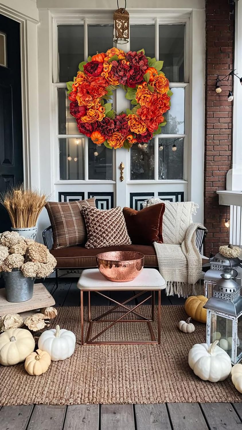 24" Artificial Fall Half Wreath for Front Door Autumn Wreath with Pumpkin Peony Eucalyptus Chrysanthemum and Ribbon for Halloween Thanksgiving Day Indoor Outdoor Farmhouse Window Wall Décor