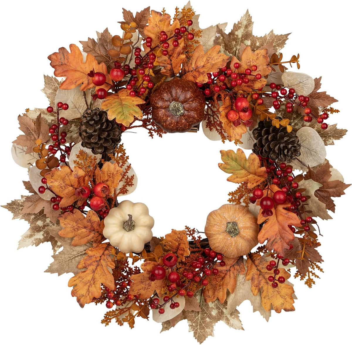 24" Artificial Fall Half Wreath for Front Door Autumn Wreath with Pumpkin Peony Eucalyptus Chrysanthemum and Ribbon for Halloween Thanksgiving Day Indoor Outdoor Farmhouse Window Wall Décor