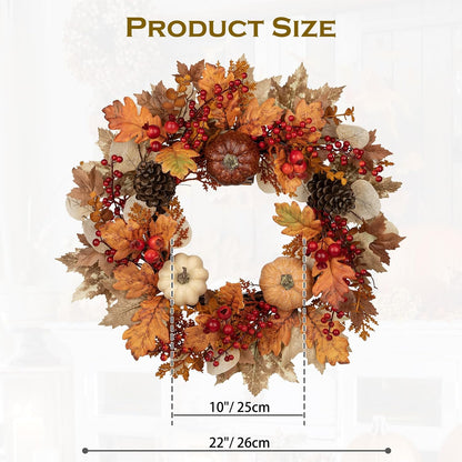 24" Artificial Fall Half Wreath for Front Door Autumn Wreath with Pumpkin Peony Eucalyptus Chrysanthemum and Ribbon for Halloween Thanksgiving Day Indoor Outdoor Farmhouse Window Wall Décor