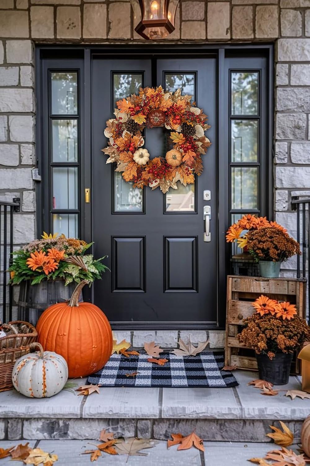 24" Artificial Fall Half Wreath for Front Door Autumn Wreath with Pumpkin Peony Eucalyptus Chrysanthemum and Ribbon for Halloween Thanksgiving Day Indoor Outdoor Farmhouse Window Wall Décor