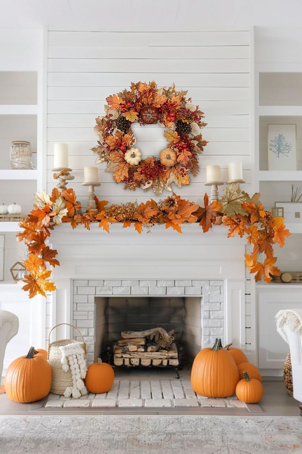 24" Artificial Fall Half Wreath for Front Door Autumn Wreath with Pumpkin Peony Eucalyptus Chrysanthemum and Ribbon for Halloween Thanksgiving Day Indoor Outdoor Farmhouse Window Wall Décor
