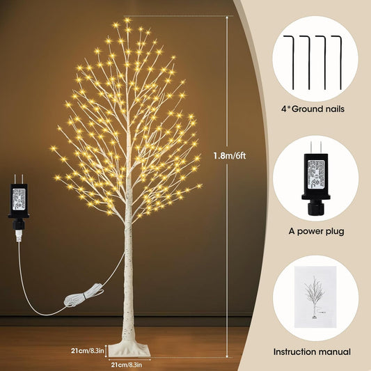 6FT Lighted Birch Tree with 144 LED Light, Artificial Light Up Tree | Plug in Decorative Light Trees for Indoor Home Decor, Wedding Party, Christmas Holiday Floor Lamp, Warm White