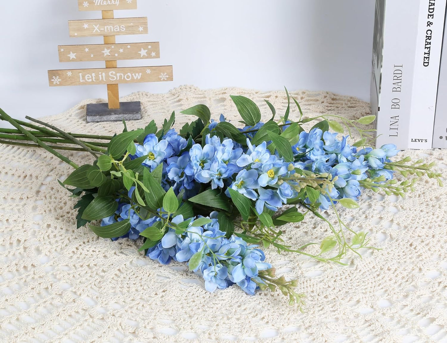 8PCS Blue Delphinium Artificial Flowers 29.5" Combo Clematis Greenery 23.6" Long Stem Flowers for Tall Vase Larkspur Silk Flowers Floral Arrangements Table Party Home Decor (Ice Blue)