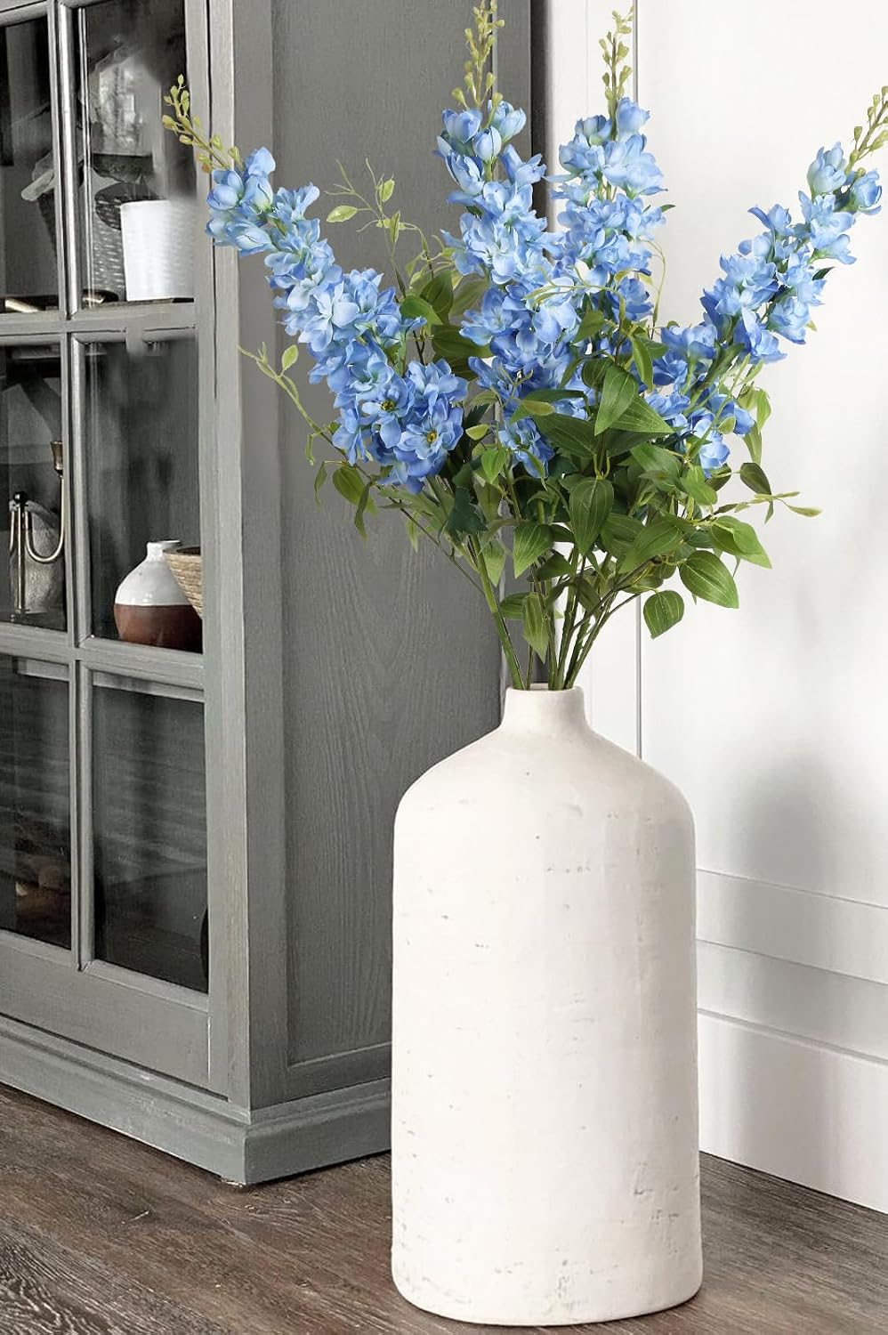 8PCS Blue Delphinium Artificial Flowers 29.5" Combo Clematis Greenery 23.6" Long Stem Flowers for Tall Vase Larkspur Silk Flowers Floral Arrangements Table Party Home Decor (Ice Blue)