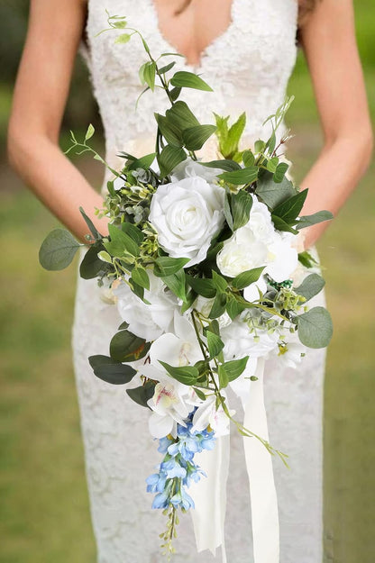 8PCS Blue Delphinium Artificial Flowers 29.5" Combo Clematis Greenery 23.6" Long Stem Flowers for Tall Vase Larkspur Silk Flowers Floral Arrangements Table Party Home Decor (Ice Blue)