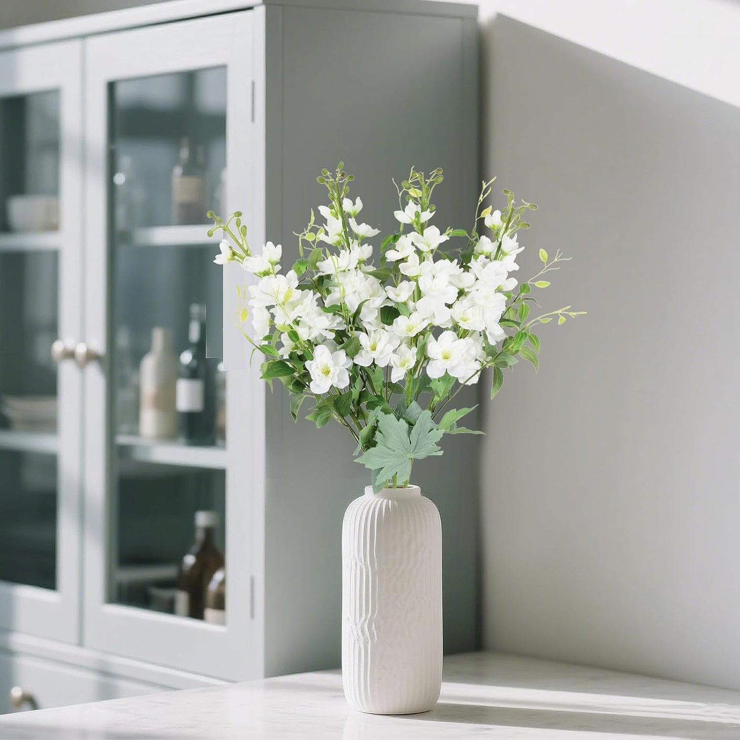 8PCS Blue Delphinium Artificial Flowers 29.5" Combo Clematis Greenery 23.6" Long Stem Flowers for Tall Vase Larkspur Silk Flowers Floral Arrangements Table Party Home Decor (Ice Blue)