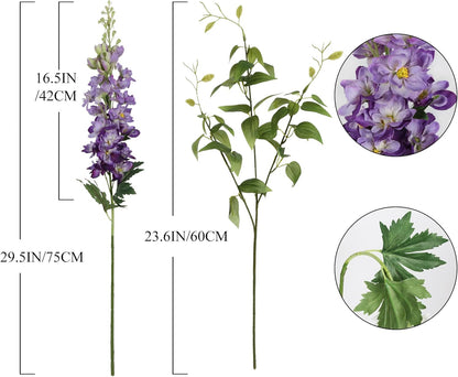 8PCS Blue Delphinium Artificial Flowers 29.5" Combo Clematis Greenery 23.6" Long Stem Flowers for Tall Vase Larkspur Silk Flowers Floral Arrangements Table Party Home Decor (Ice Blue)