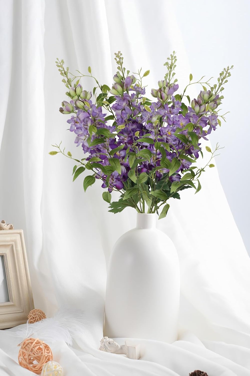 8PCS Blue Delphinium Artificial Flowers 29.5" Combo Clematis Greenery 23.6" Long Stem Flowers for Tall Vase Larkspur Silk Flowers Floral Arrangements Table Party Home Decor (Ice Blue)