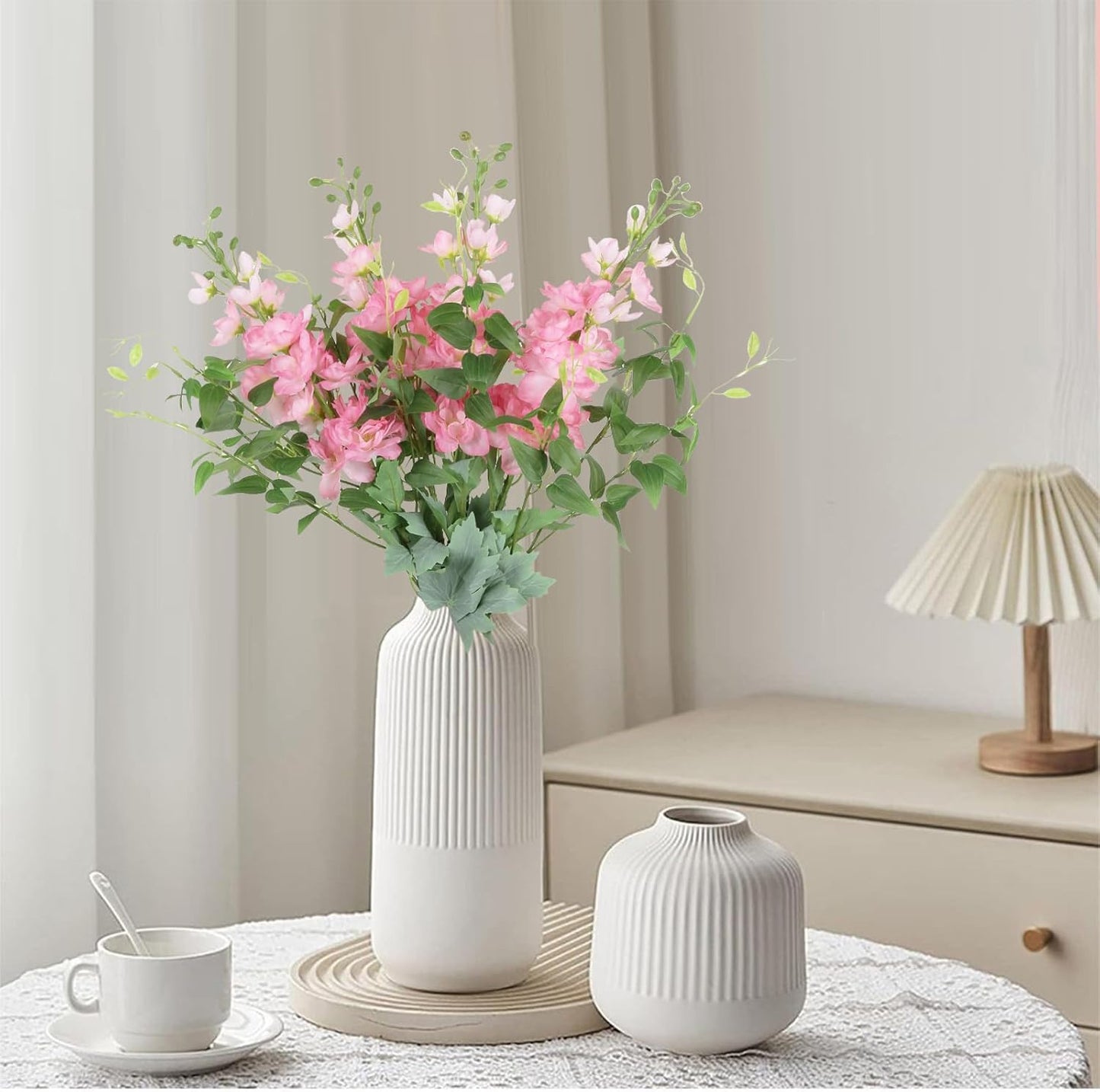 8PCS Blue Delphinium Artificial Flowers 29.5" Combo Clematis Greenery 23.6" Long Stem Flowers for Tall Vase Larkspur Silk Flowers Floral Arrangements Table Party Home Decor (Ice Blue)
