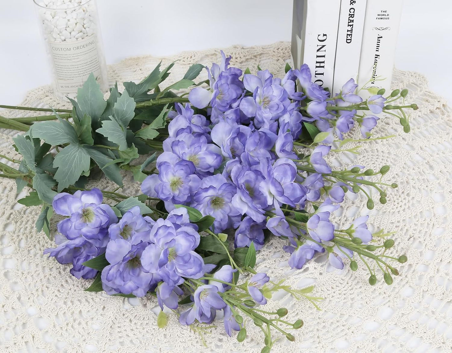 8PCS Blue Delphinium Artificial Flowers 29.5" Combo Clematis Greenery 23.6" Long Stem Flowers for Tall Vase Larkspur Silk Flowers Floral Arrangements Table Party Home Decor (Ice Blue)