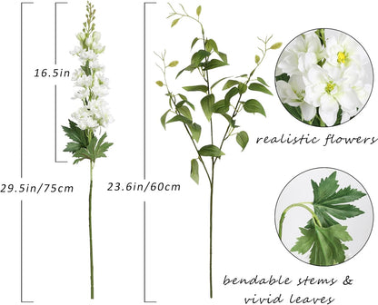 8PCS Blue Delphinium Artificial Flowers 29.5" Combo Clematis Greenery 23.6" Long Stem Flowers for Tall Vase Larkspur Silk Flowers Floral Arrangements Table Party Home Decor (Ice Blue)