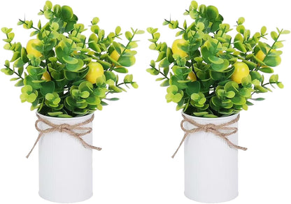 2PCS Artificial Potted Fruit Trees, 11inch Artificial Potted Plants, Fake Lemon Strawberry Orange Peach Decorative Fruit Trees with Iron Flower Pot for Home Kitchen Table Centerpieces Decor(Lemon)