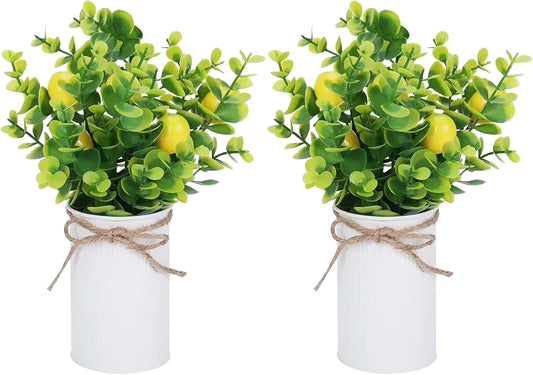 2PCS Artificial Potted Fruit Trees, 11inch Artificial Potted Plants, Fake Lemon Strawberry Orange Peach Decorative Fruit Trees with Iron Flower Pot for Home Kitchen Table Centerpieces Decor(Lemon)