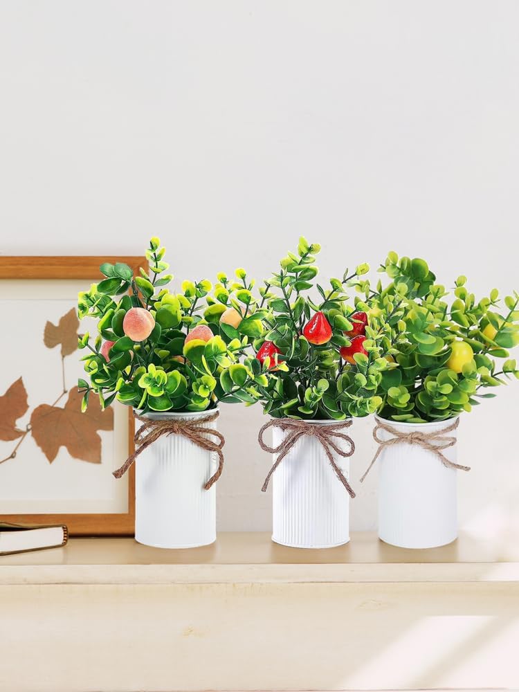 2PCS Artificial Potted Fruit Trees, 11inch Artificial Potted Plants, Fake Lemon Strawberry Orange Peach Decorative Fruit Trees with Iron Flower Pot for Home Kitchen Table Centerpieces Decor(Lemon)