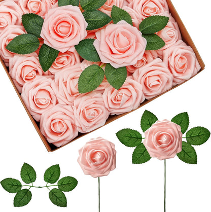 Artificial Flowers, 50 Pcs Pink Foam Fake Roses Bulk with Stems for Decoration DIY Wedding Bouquets Centerpieces Bridal Shower Party Valentines Christmas Tree