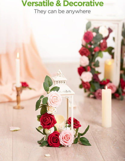 Artificial Flowers, 50 Pcs Pink Foam Fake Roses Bulk with Stems for Decoration DIY Wedding Bouquets Centerpieces Bridal Shower Party Valentines Christmas Tree