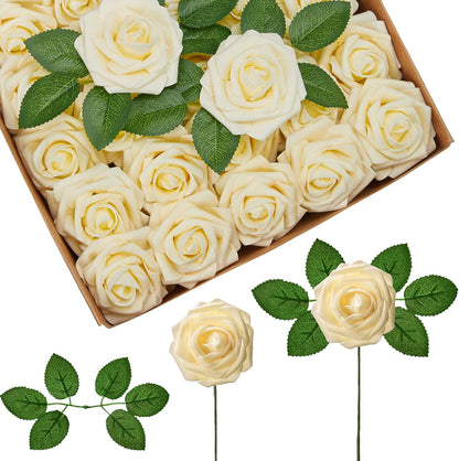Artificial Flowers, 50 Pcs Pink Foam Fake Roses Bulk with Stems for Decoration DIY Wedding Bouquets Centerpieces Bridal Shower Party Valentines Christmas Tree
