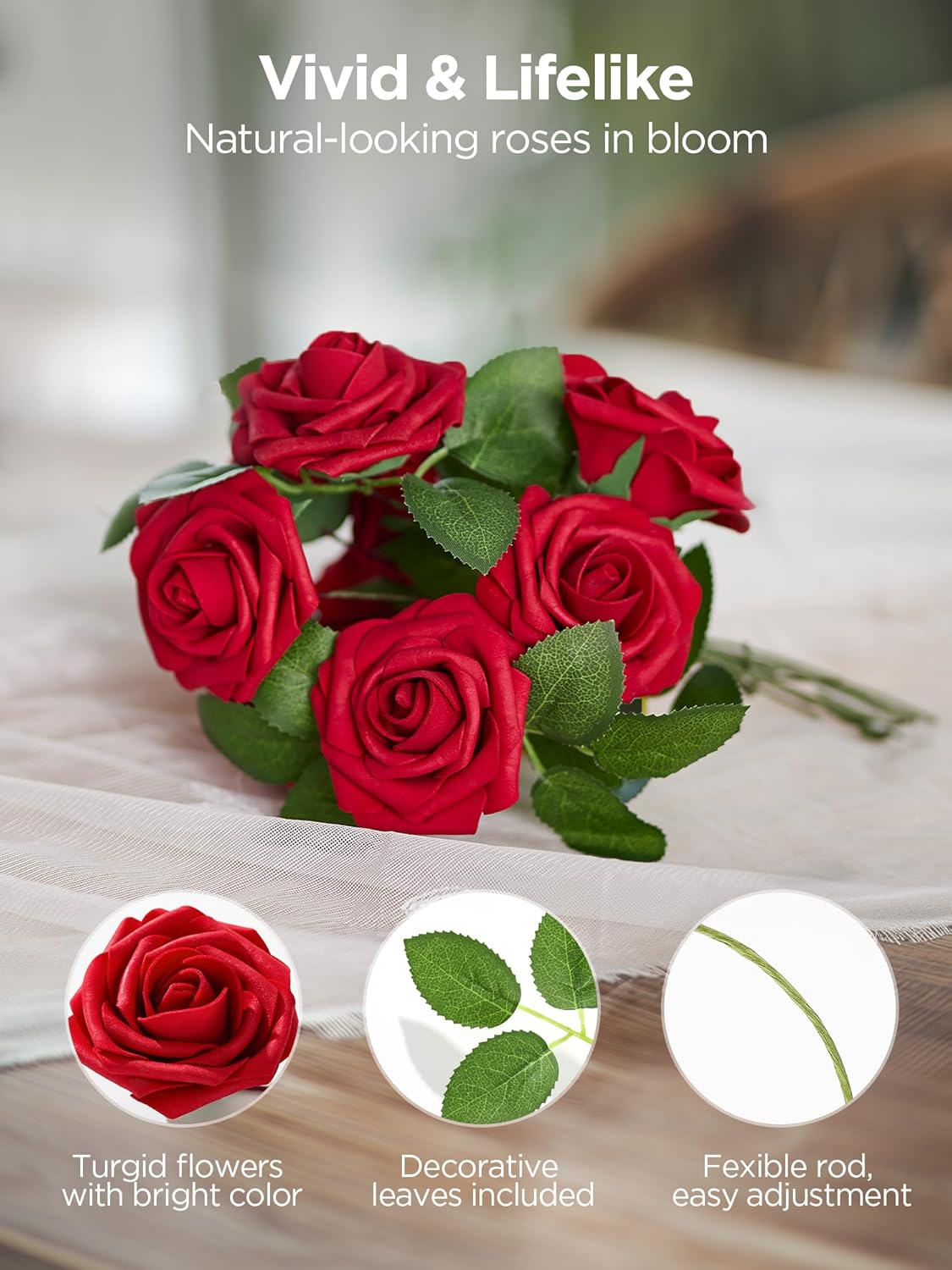 Artificial Flowers, 50 Pcs Pink Foam Fake Roses Bulk with Stems for Decoration DIY Wedding Bouquets Centerpieces Bridal Shower Party Valentines Christmas Tree