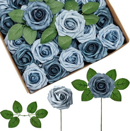 Artificial Flowers, 50 Pcs Pink Foam Fake Roses Bulk with Stems for Decoration DIY Wedding Bouquets Centerpieces Bridal Shower Party Valentines Christmas Tree