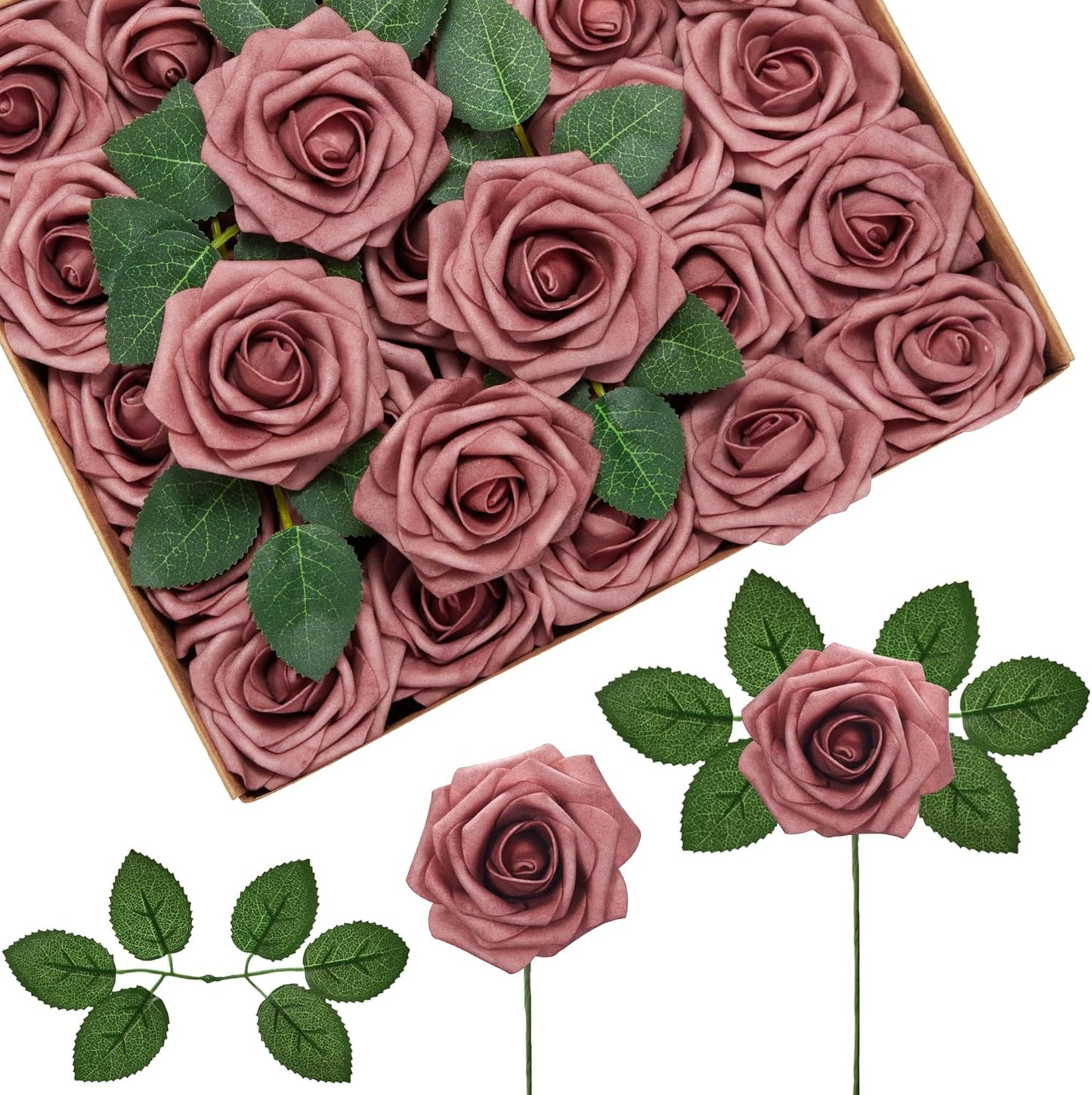Artificial Flowers, 50 Pcs Pink Foam Fake Roses Bulk with Stems for Decoration DIY Wedding Bouquets Centerpieces Bridal Shower Party Valentines Christmas Tree