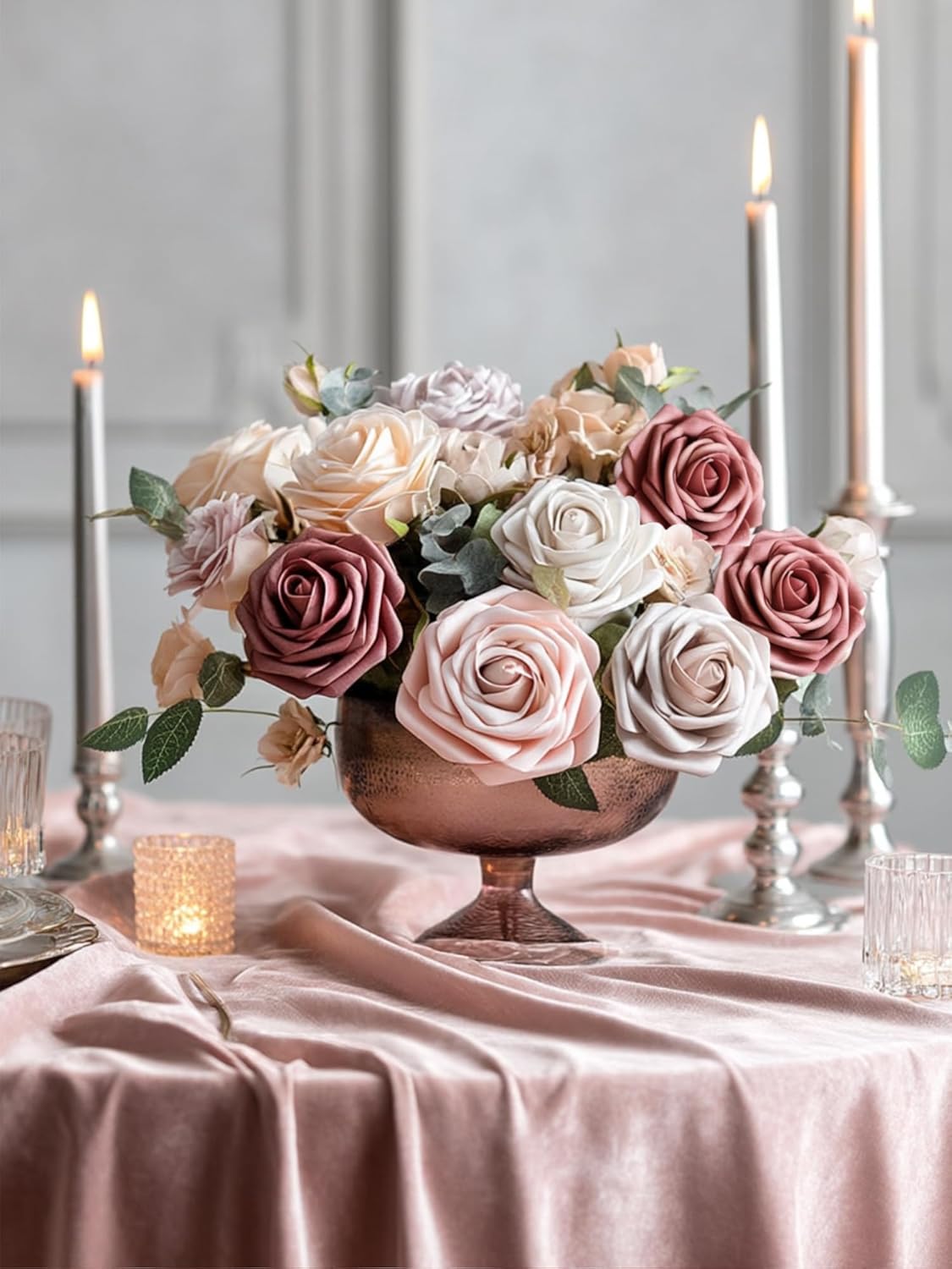 Artificial Flowers, 50 Pcs Pink Foam Fake Roses Bulk with Stems for Decoration DIY Wedding Bouquets Centerpieces Bridal Shower Party Valentines Christmas Tree