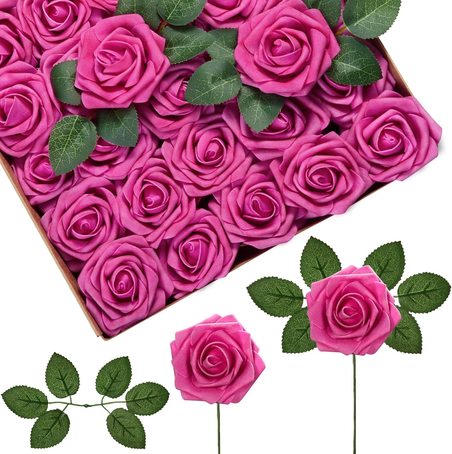 Artificial Flowers, 50 Pcs Pink Foam Fake Roses Bulk with Stems for Decoration DIY Wedding Bouquets Centerpieces Bridal Shower Party Valentines Christmas Tree