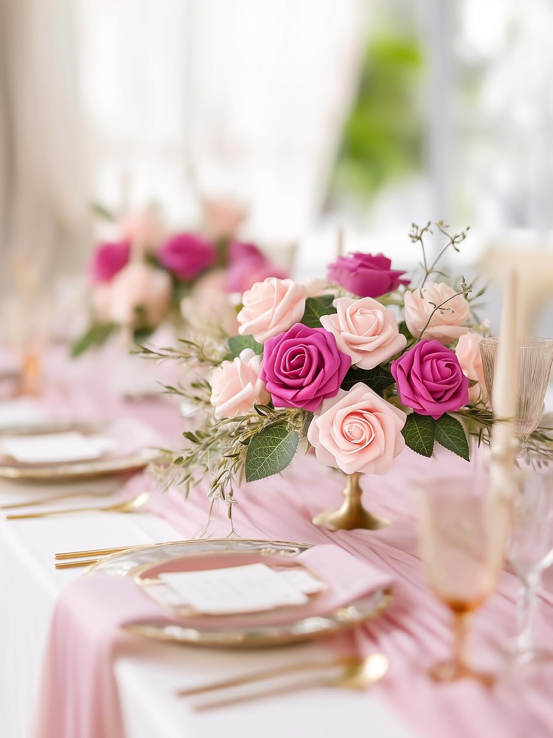 Artificial Flowers, 50 Pcs Pink Foam Fake Roses Bulk with Stems for Decoration DIY Wedding Bouquets Centerpieces Bridal Shower Party Valentines Christmas Tree