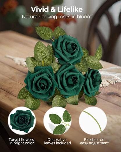 Artificial Flowers, 50 Pcs Pink Foam Fake Roses Bulk with Stems for Decoration DIY Wedding Bouquets Centerpieces Bridal Shower Party Valentines Christmas Tree