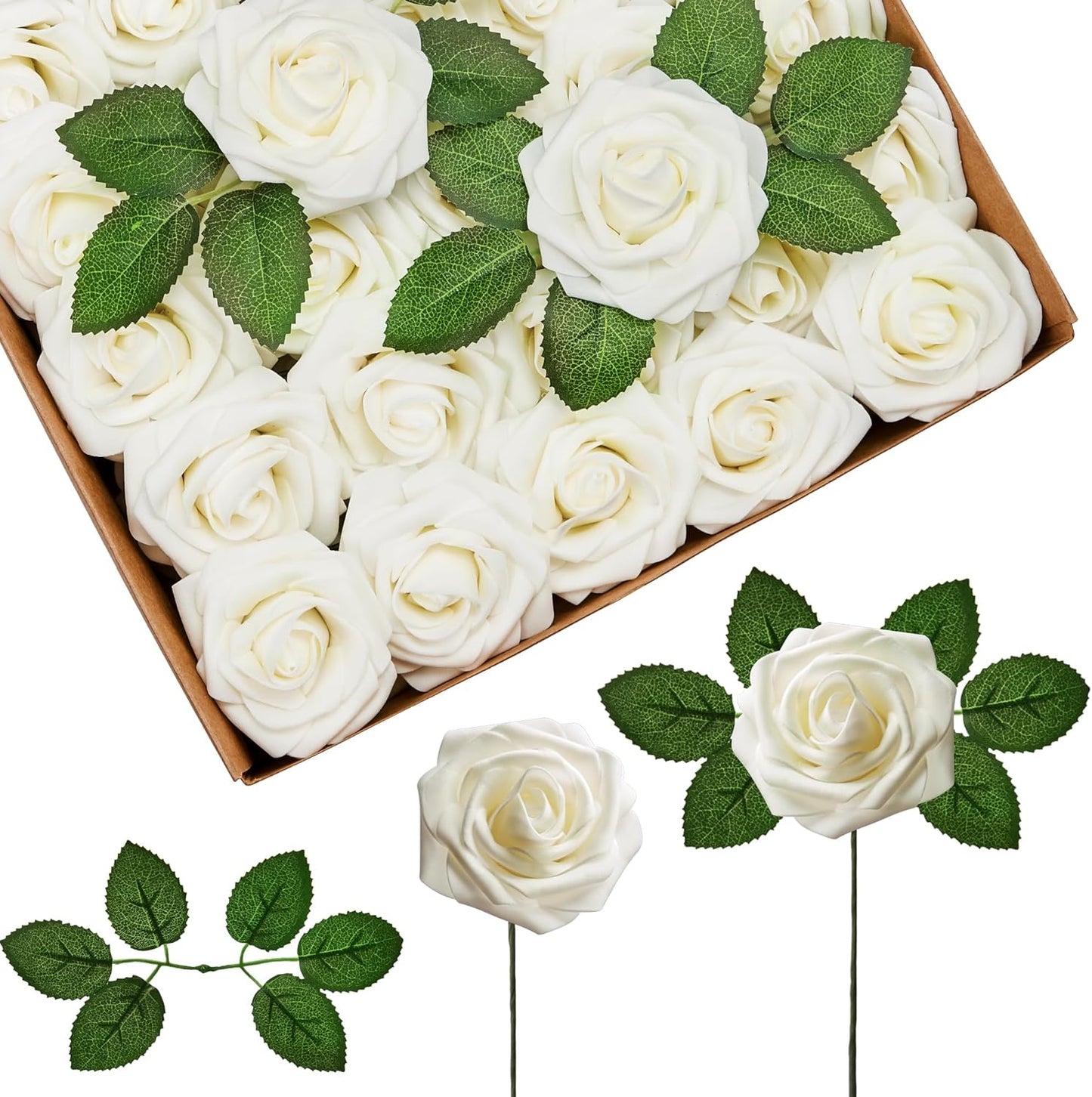 Artificial Flowers, 50 Pcs Pink Foam Fake Roses Bulk with Stems for Decoration DIY Wedding Bouquets Centerpieces Bridal Shower Party Valentines Christmas Tree