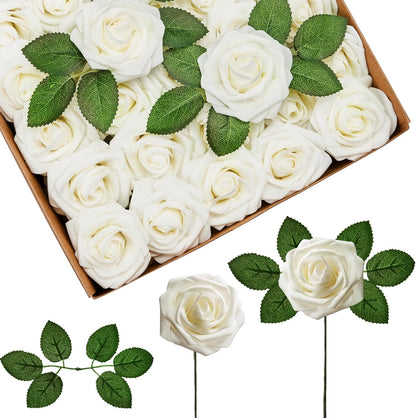 Artificial Flowers, 50 Pcs Pink Foam Fake Roses Bulk with Stems for Decoration DIY Wedding Bouquets Centerpieces Bridal Shower Party Valentines Christmas Tree