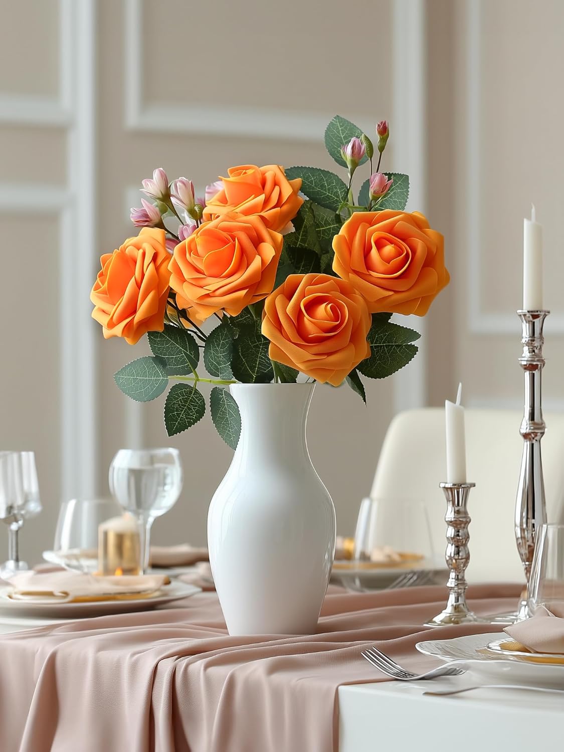 Artificial Flowers, 50 Pcs Pink Foam Fake Roses Bulk with Stems for Decoration DIY Wedding Bouquets Centerpieces Bridal Shower Party Valentines Christmas Tree