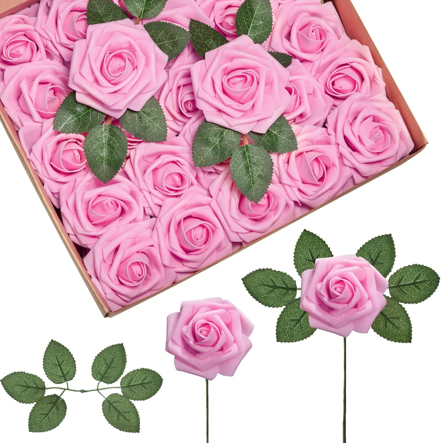 Artificial Flowers, 50 Pcs Pink Foam Fake Roses Bulk with Stems for Decoration DIY Wedding Bouquets Centerpieces Bridal Shower Party Valentines Christmas Tree