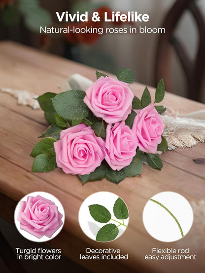 Artificial Flowers, 50 Pcs Pink Foam Fake Roses Bulk with Stems for Decoration DIY Wedding Bouquets Centerpieces Bridal Shower Party Valentines Christmas Tree