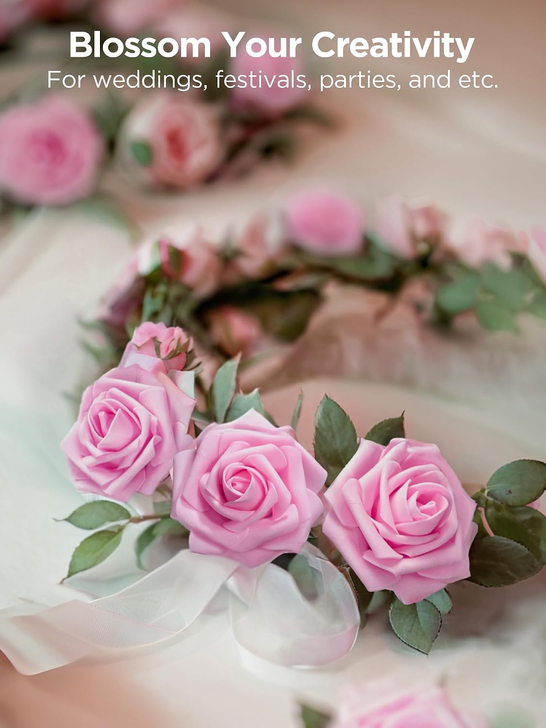 Artificial Flowers, 50 Pcs Pink Foam Fake Roses Bulk with Stems for Decoration DIY Wedding Bouquets Centerpieces Bridal Shower Party Valentines Christmas Tree
