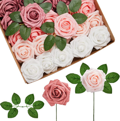 Artificial Flowers, 50 Pcs Pink Foam Fake Roses Bulk with Stems for Decoration DIY Wedding Bouquets Centerpieces Bridal Shower Party Valentines Christmas Tree