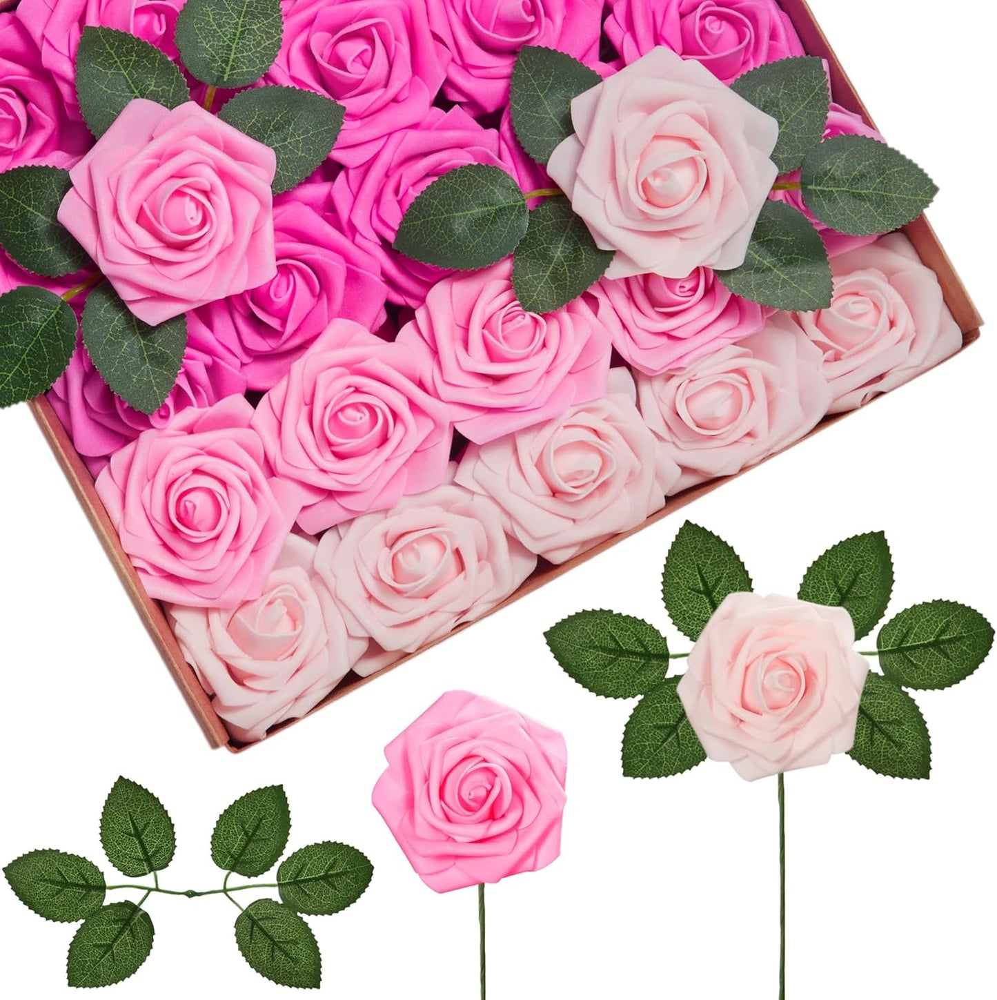 Artificial Flowers, 50 Pcs Pink Foam Fake Roses Bulk with Stems for Decoration DIY Wedding Bouquets Centerpieces Bridal Shower Party Valentines Christmas Tree