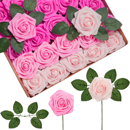 Artificial Flowers, 50 Pcs Pink Foam Fake Roses Bulk with Stems for Decoration DIY Wedding Bouquets Centerpieces Bridal Shower Party Valentines Christmas Tree