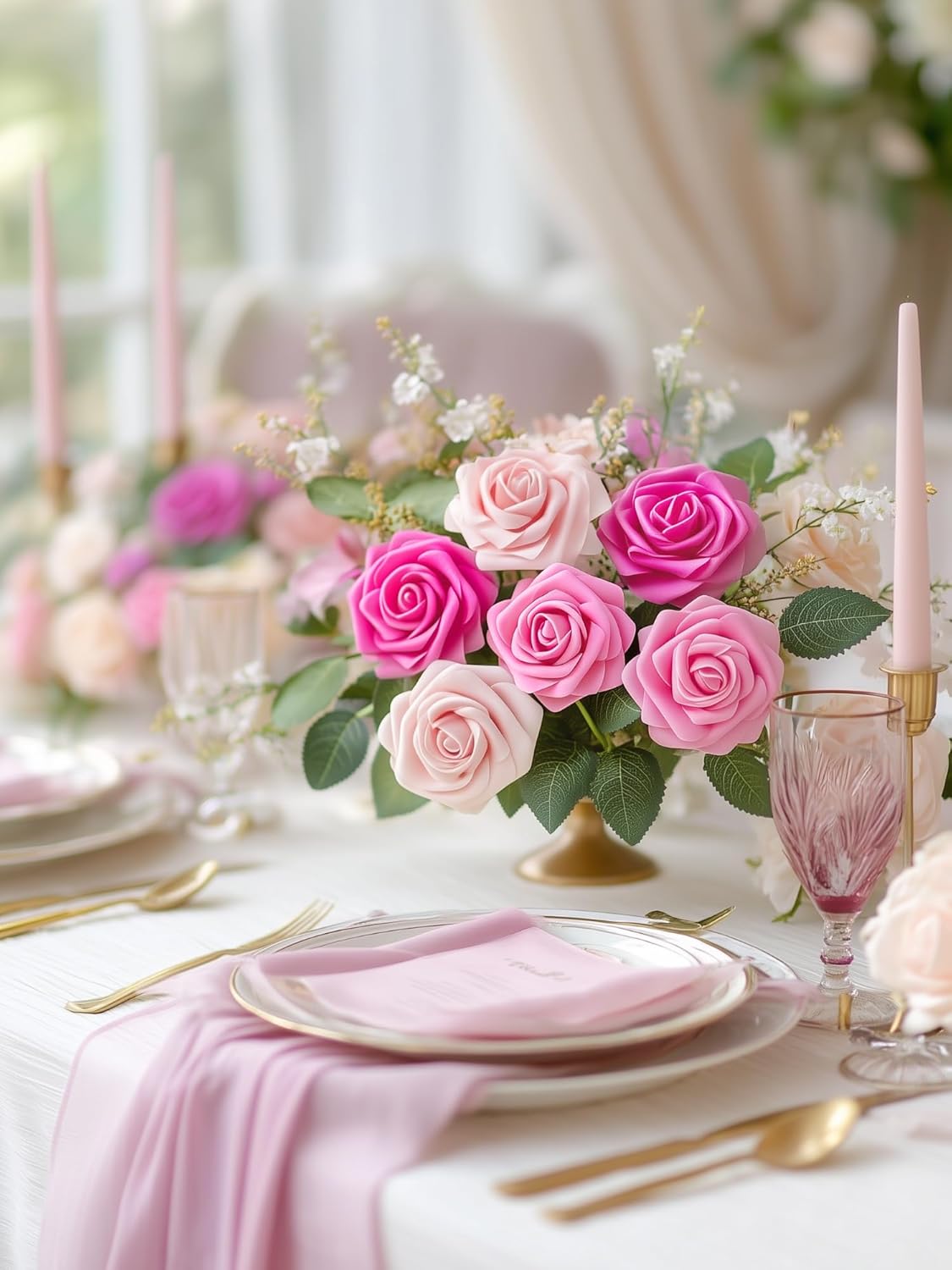 Artificial Flowers, 50 Pcs Pink Foam Fake Roses Bulk with Stems for Decoration DIY Wedding Bouquets Centerpieces Bridal Shower Party Valentines Christmas Tree