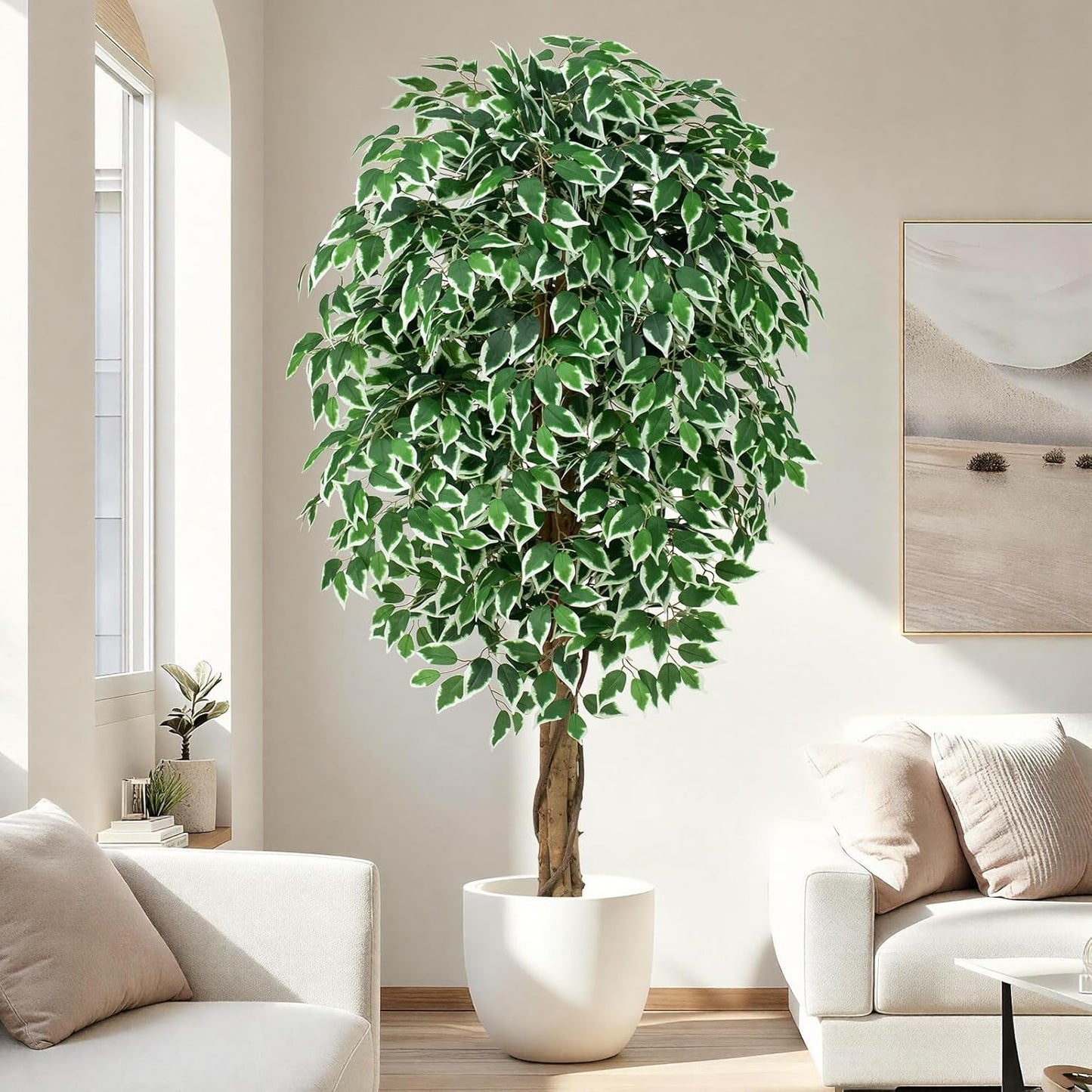 7ft Large Ficus Artificial Trees with Natural Curved Trunks, 84" Tall Lush Faux Tree for Home Decor Indoor, Green Lifelike Fake Ficus Tree 1pcs