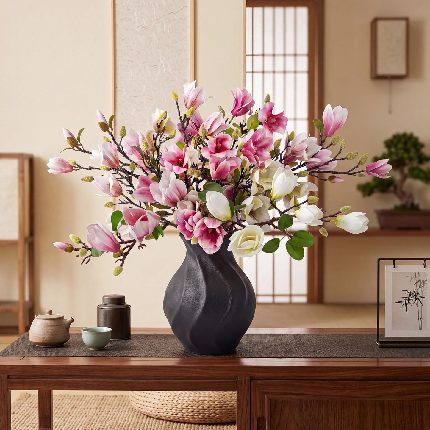 8 Pcs Artificial Magnolia Flowers Stem for Spring Decoration Faux Fake Flora Stems Beautiful Magnolia Office Hotel Home Decor Accent Pieces(No Pot)(Pink, White)