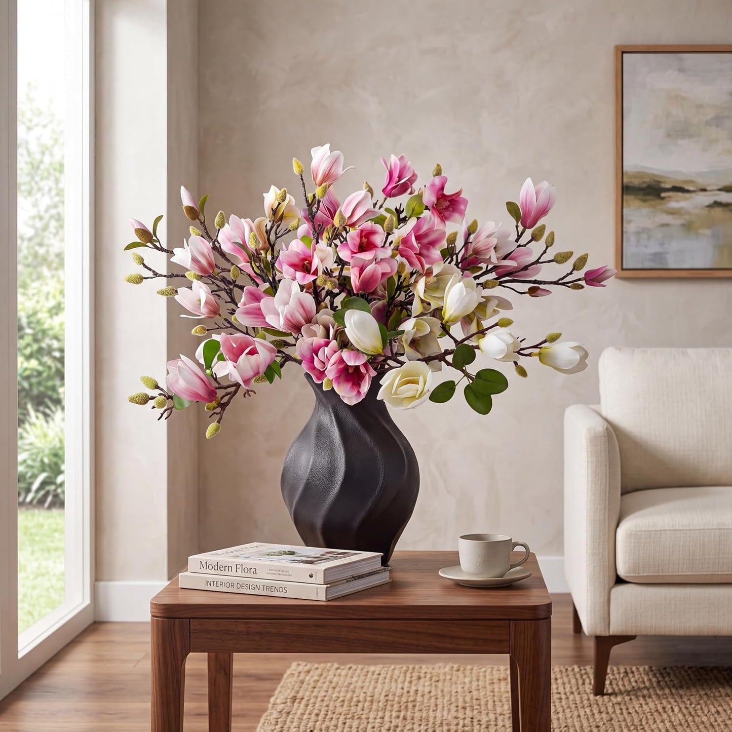 8 Pcs Artificial Magnolia Flowers Stem for Spring Decoration Faux Fake Flora Stems Beautiful Magnolia Office Hotel Home Decor Accent Pieces(No Pot)(Pink, White)
