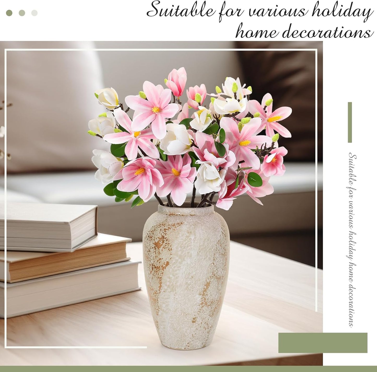 8 Pcs Artificial Magnolia Flowers Stem for Spring Decoration Faux Fake Flora Stems Beautiful Magnolia Office Hotel Home Decor Accent Pieces(No Pot)(Pink, White)